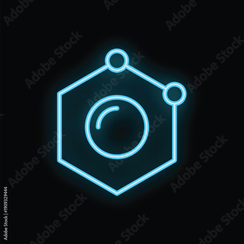 Blue neon atom icon glowing on dark background representing scientific concepts