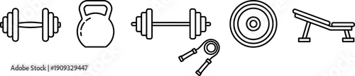 Modern fitness and gym workout equipment outline icons for strength training and healthy lifestyle vector illustration
