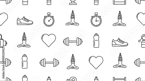 Modern minimalist fitness and sport seamless pattern featuring essential gym and healthy lifestyle outline icons perfect for active wellness backgrounds