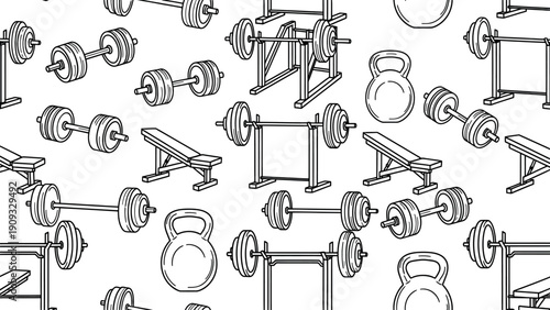 Modern minimalist gym equipment seamless pattern illustrating various fitness workout gear for strength training and healthy lifestyle exercise
