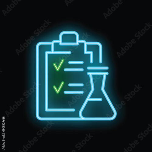 Glowing neon line icon illustrating a clipboard with a checklist of medical tests to be performed and a flask