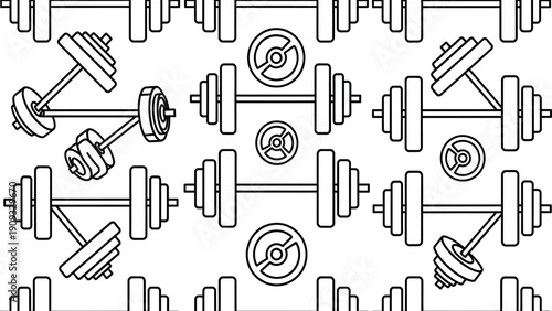 Seamless fitness equipment pattern featuring barbells dumbbells and weight plates ideal for gym workout and strength training backgrounds