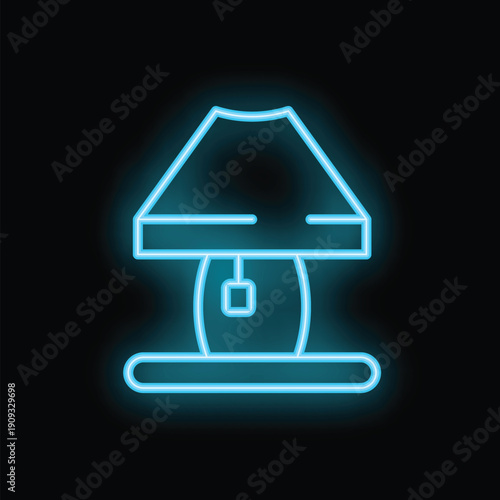 Blue neon sign of a bedside lamp with a switch, glowing in the dark