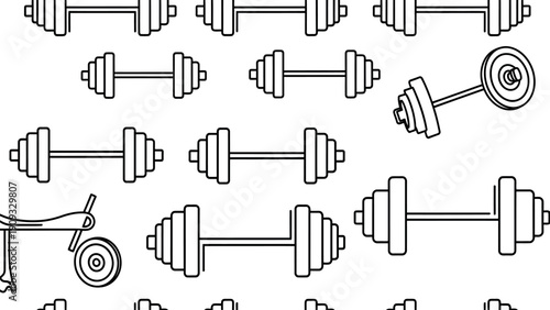 Seamless outline pattern featuring various dumbbells and gym equipment illustrations for fitness and healthy lifestyle backgrounds