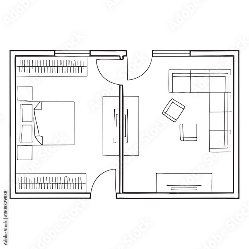 Black and white floor plan of a two room apartment with furniture layout two rooms