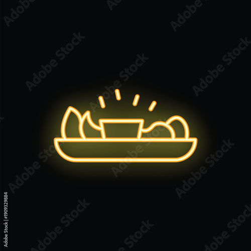 Neon sign is glowing yellow, showing an appetizer with dipping sauce on a platter