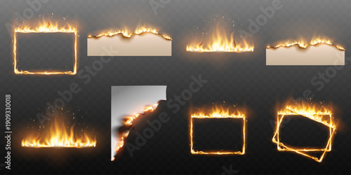 Collection of realistic burning fire effects including square frames and paper borders on a transparent background