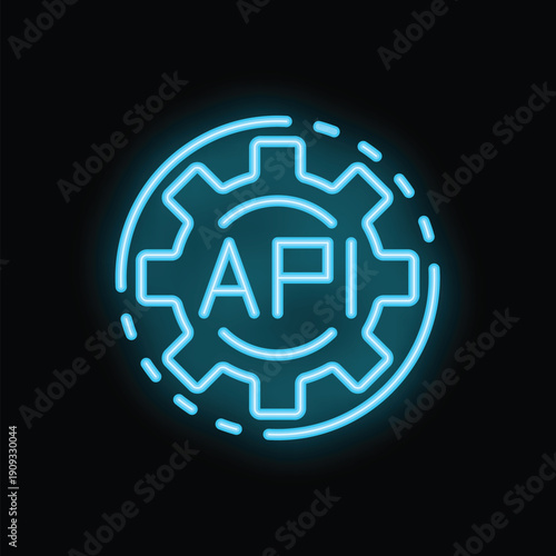 Neon blue icon of api surrounded by gear shape representing application programming interface