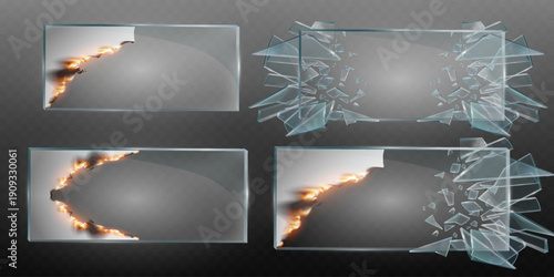Glass banners breaking and paper burning design set
