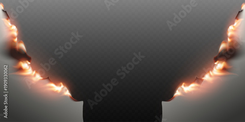 Paper burning, creating a fiery frame against a transparent background