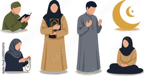 Muslim People Character Collection Praying and Reading Quran for Ramadan Kareem