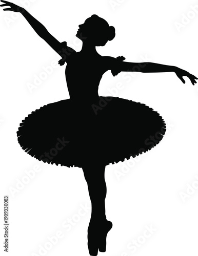 Ballerina silhouette illustration showing classical ballet dancer in graceful pose, elegant tutu costume, black vector design for dance, performance and art concepts