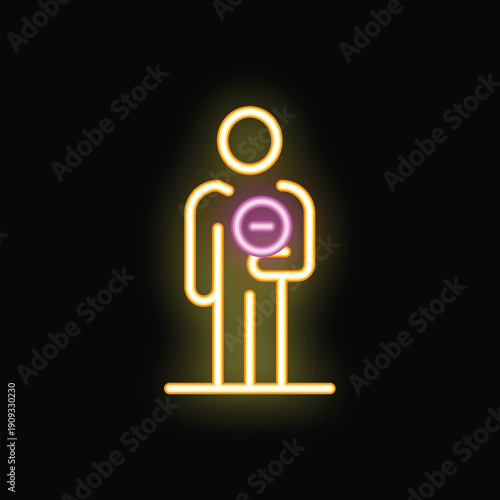 Neon style icon of a person holding a minus sign, perfect for projects related to negativity, subtraction, or disapproval