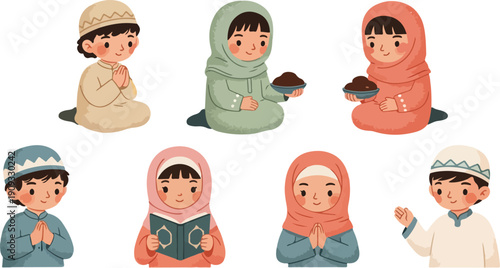 Cute Muslim Kids Character Set for Ramadan Kareem Activities and Education