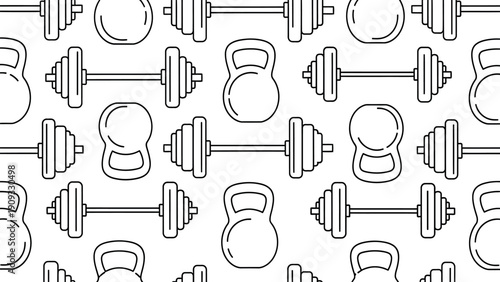 Seamless vector pattern featuring outline gym equipment including dumbbells and kettlebells for fitness backgrounds and workout designs