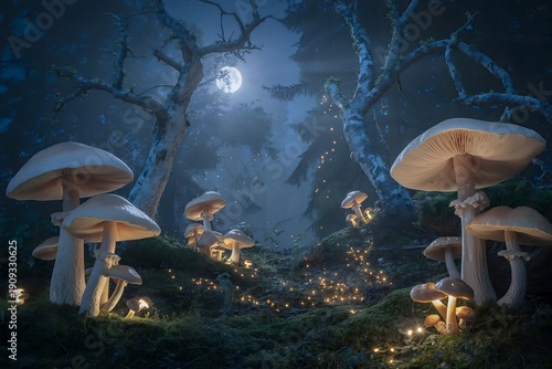 Mystical Night Forest with Glowing Mushrooms and Fairy Lights 