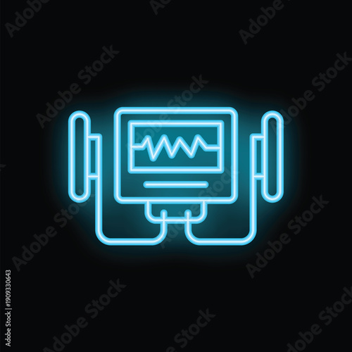Glowing neon icon of a heartbeat monitor displaying vital signs, representing medical technology and healthcare