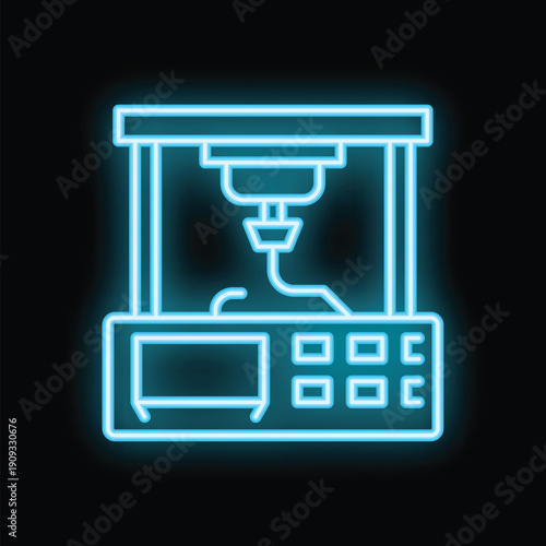 Neon blue icon of a 3d printer creating a prototype, isolated on a black background