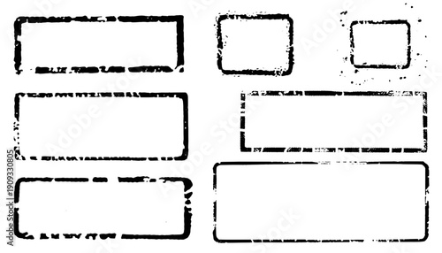 Distressed grunge rectangular stamp frame with rough, worn edges and rubber seal texture, vintage border overlay for posters, labels, and rustic background designs.