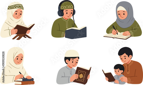 Muslim Children and Father Reading Quran and Studying During Ramadan Set