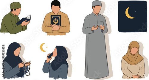 Muslim Men and Women Religious Activities During Ramadan Illustration
