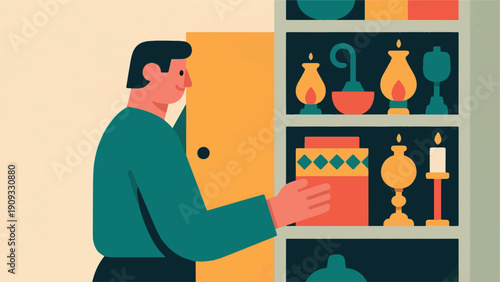 Illustration Of Someone Storing An Antique Vase In A Cupboard Vector Design Template