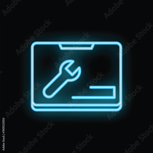 Neon blue wrench icon over laptop screen displaying progress bar illustrating software update concept