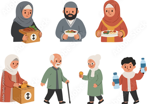 Muslim People Giving Charity and Food Donation Set for Ramadan Kareem Celebration