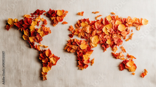 World map artfully crafted from vibrant autumn leaves on a textured canvas background. A creative representation of the Earth's continents formed using a mosaic of colorful fall foliage