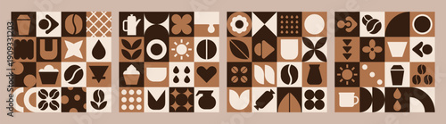 Set geometric cafe mosaic featuring coffee cup and bakery pattern.