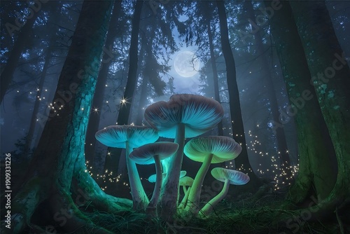 Fantasy Glowing Woodland with Bioluminescent Mushrooms  