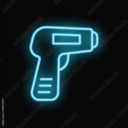 Blue neon icon of contactless digital thermometer is glowing on dark background
