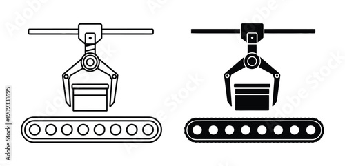 Machinery thin line vector icon set. Industrial robotic arms with tracks for manufacturing and automation. Machinery vector icon on the white background. 
