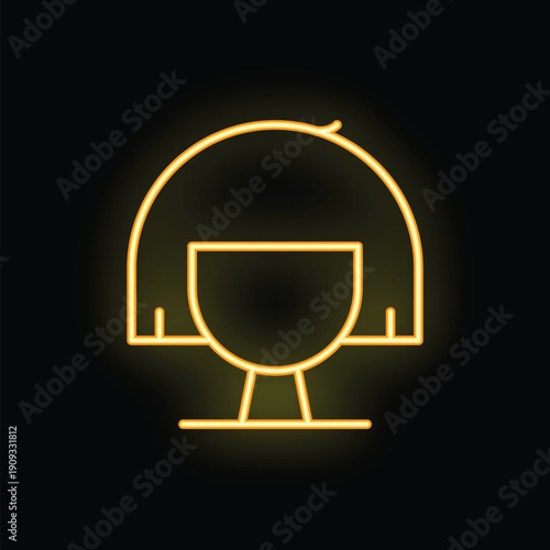 Neon sign illustrating the head and shoulders of a woman with a bob haircut, glowing yellow on a black background