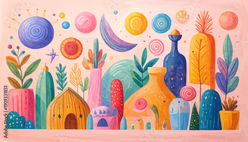 Vibrant abstract illustration of whimsical plants, vases, and orbs in a desert landscape