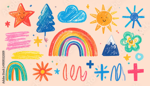 Vibrant abstract illustration features whimsical collection of rainbow, sun, tree, star, and flower.