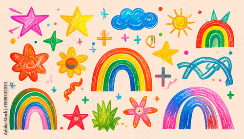 Create a vibrant illustration featuring whimsical rainbow, star, cloud, sun, and flower designs.