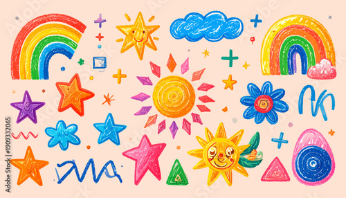 Create a vibrant abstract illustration featuring whimsical hand-drawn celestial and weather elements.