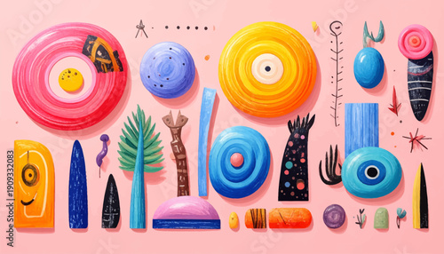 Create a vibrant abstract illustration featuring whimsical shapes and colorful objects on pink background