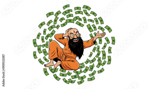 Indian Guru Raining Money and Laughing Vector Cartoon