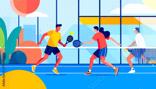Flat design illustration of people playing padel on a court with rackets and balls