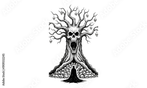 Screaming Skull Tree with Hanging Skulls and Grim Reaper at the Base