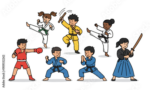 Diverse Children Training Martial Arts, Karate, Boxing, and Kendo.