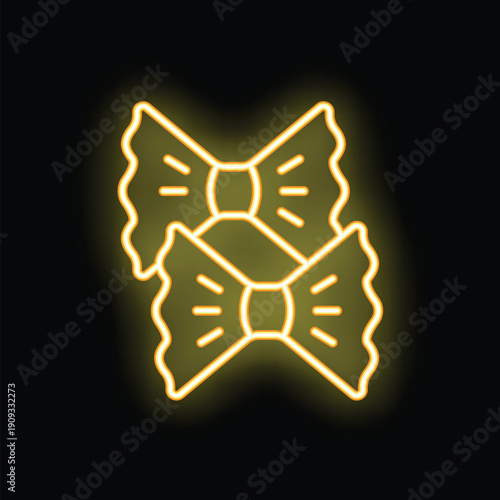 Bright yellow neon sign depicting two pieces of farfalle pasta, glowing against a dark background