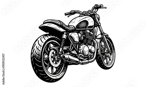 Retro Custom Motorcycle Line Art Illustration Isolated on White Background