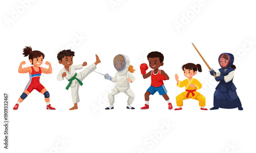 Diverse Kids Practicing Martial Arts, Fencing, Wrestling, and Boxing