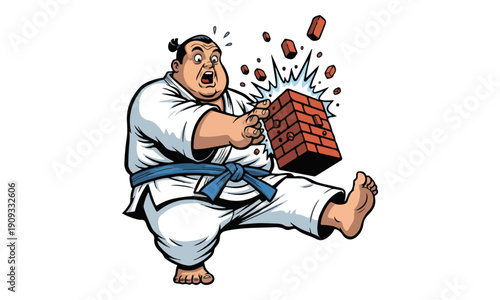 Overweight Man Breaking Red Brick with Karate Chop Isolated Vector