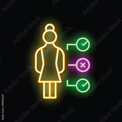 Neon icon of a woman making a decision, choosing from multiple options, with check marks and crosses