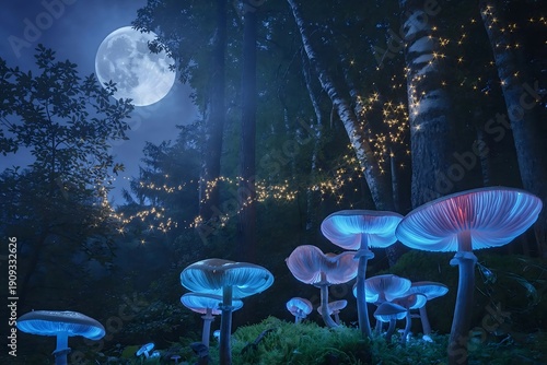 Magical Moonlit Forest with Neon Mushrooms and Fairy Lights 