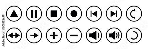 Media Player Outline Icon Set featuring a comprehensive collection of minimalist stroke symbols for video and audio controls including play, pause, and volume.